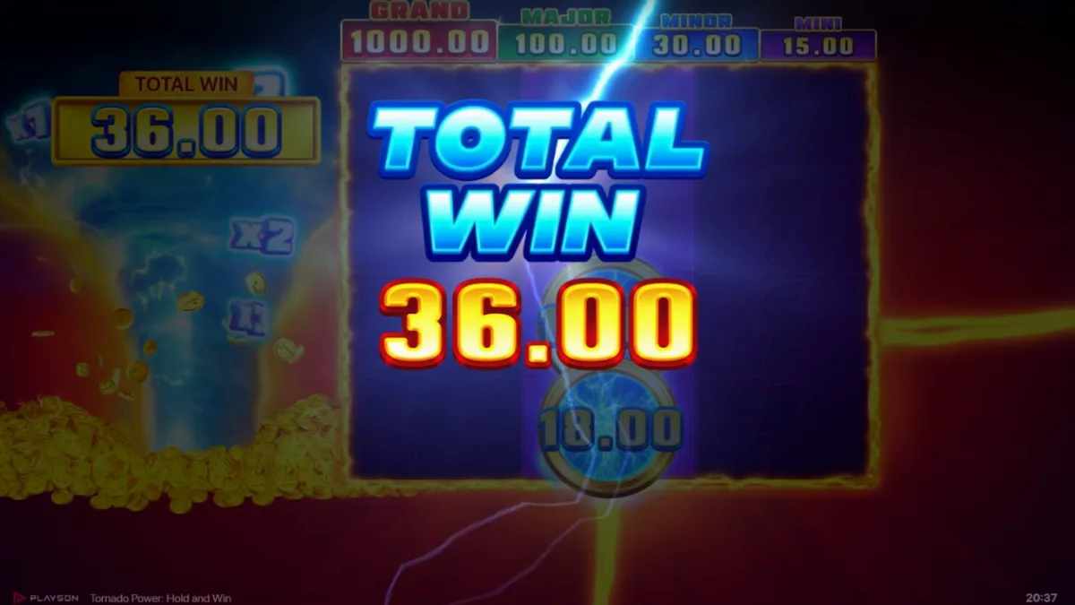 Tornado Power: Hold and Win slot game interface featuring fruit symbols and lightning effects